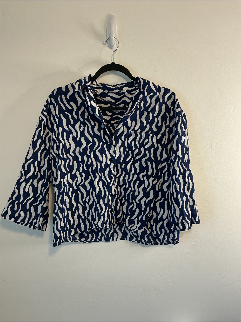Zara Navy and White Abstract Button-Down Shirt
